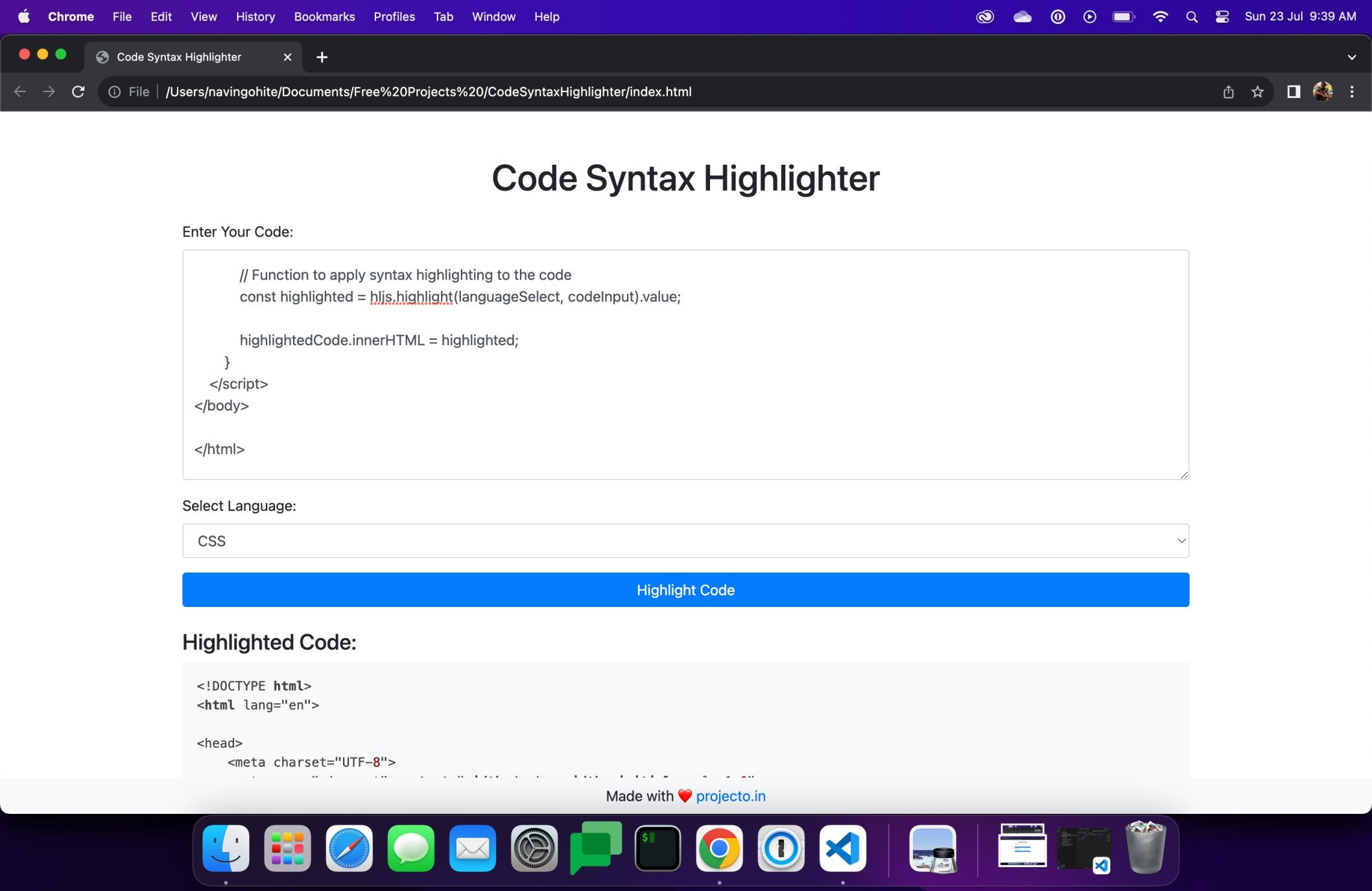 Code Syntax Highlighter in JavaScript with Source Code